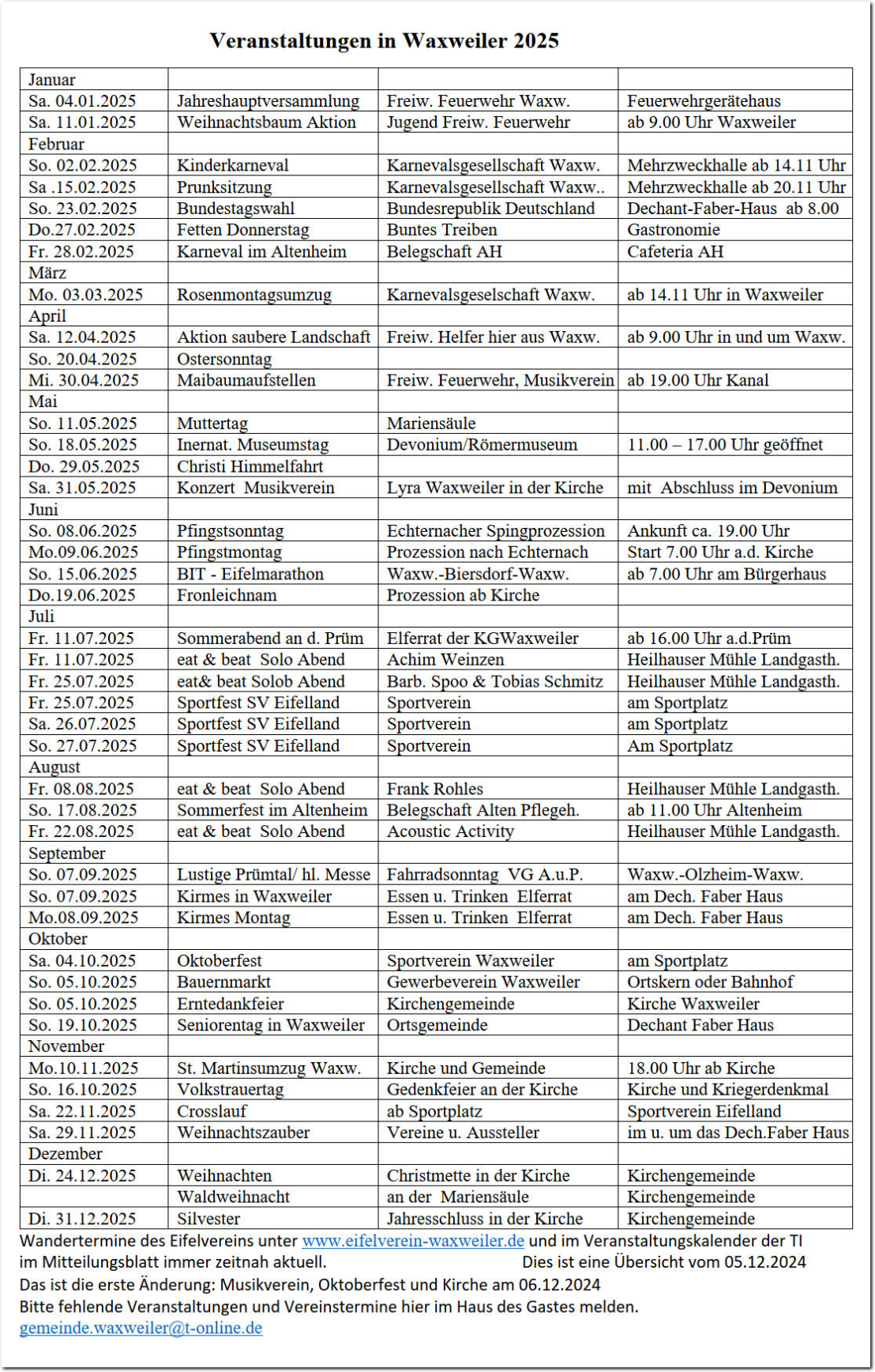 Kalender 2024 Ortsgemeinde Waxweiler